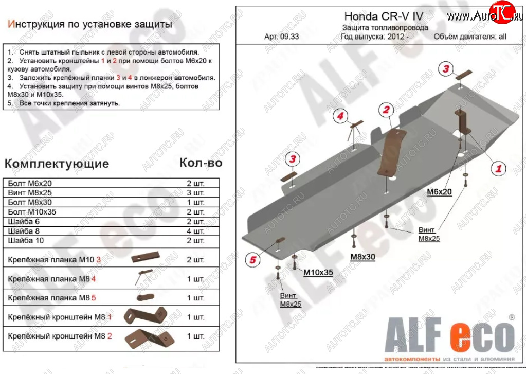 9 299 р. Защита топливопровода Alfeco  Honda CR-V  RM1,RM3,RM4 (2012-2018) дорестайлинг, рестайлинг (Алюминий 3 мм)  с доставкой в г. Владивосток