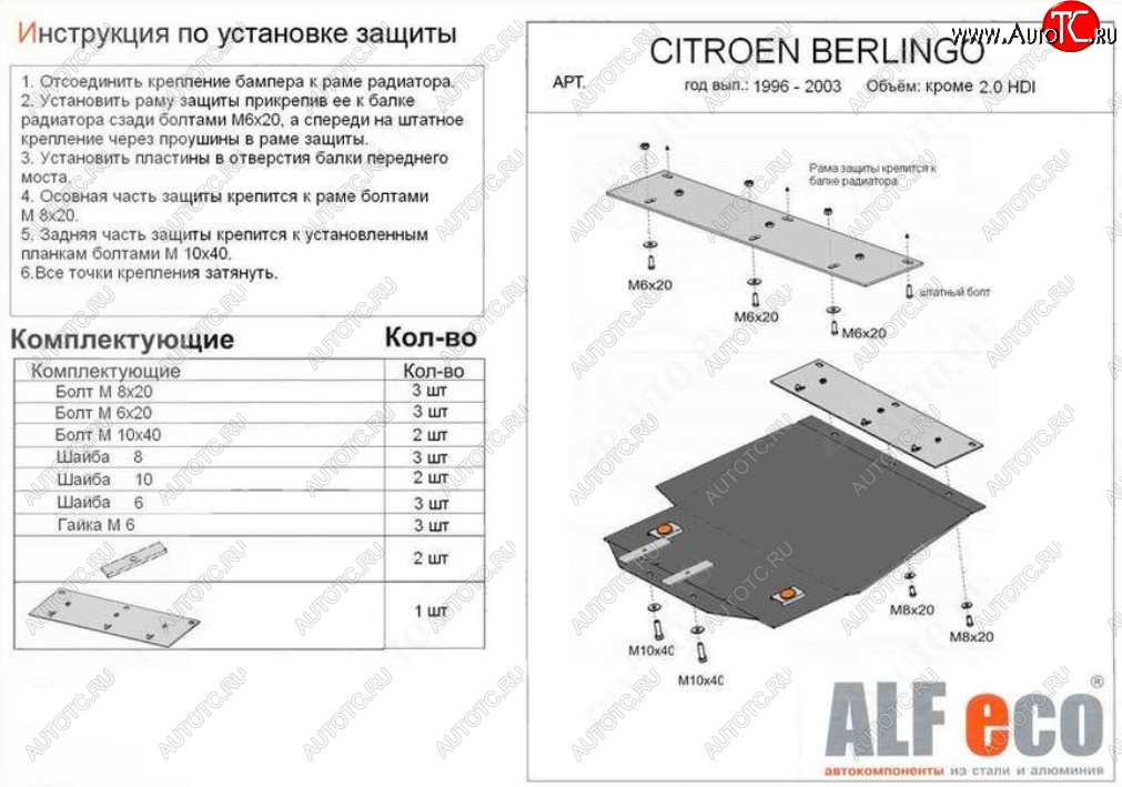 13 199 р. Защита картера двигателя и КПП (кроме 2,0 HDI) ALFECO  CITROEN Berlingo  M49 (1996-2003) дорестайлинг (Алюминий 4 мм)  с доставкой в г. Владивосток