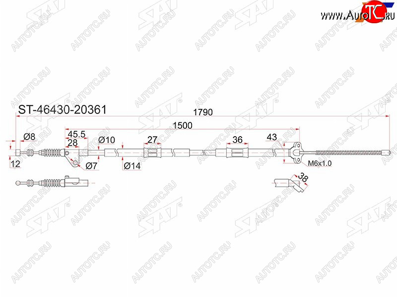 1 199 р. Трос ручника RH SAT  Toyota Caldina ( T190,  T210) - Corona SF  T190 (барабанные тормоза)  с доставкой в г. Владивосток