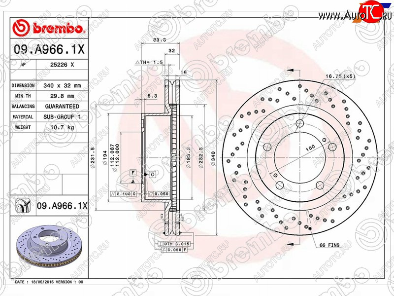 16 399 р. Тормозной передний диск (Ø340) BREMBO  Toyota Land Cruiser 200 дорестайлинг (2007-2012)  с доставкой в г. Владивосток