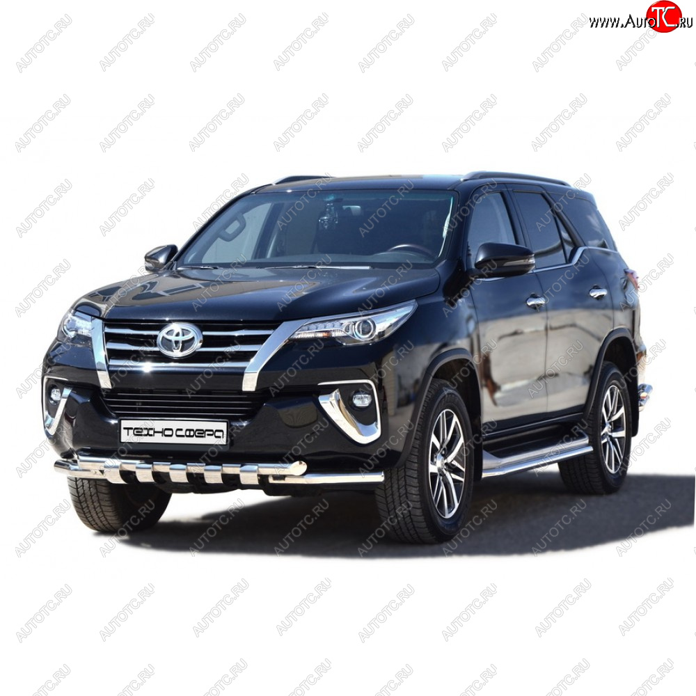 12 399 р. Защита переда труба двойная люкс крашенная d63.5, Техно Сфера  Toyota Fortuner ( AN50/AN60,  AN160) (2004-2024) дорестайлинг, 1-ый рестайлинг, 2-ой рестайлинг, дорестайлинг, рестайлинг (Черный матовый)  с доставкой в г. Владивосток