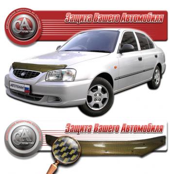 2 199 р. Дефлектор капота CA-Plastiс  Hyundai Accent ( X3,  MC) (1997-2011) седан рестайлинг, седан, хэтчбек (серия Шелкография карбон золото)  с доставкой в г. Владивосток. Увеличить фотографию 1