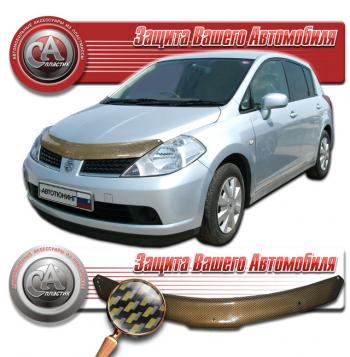 2 299 р. Дефлектор капота (правый руль) CA-Plastiс  Nissan Tiida  1 хэтчбэк (2004-2012) C11 дорестайлинг, Япония, C11 рестайлинг, Япония (серия Шелкография карбон золото)  с доставкой в г. Владивосток. Увеличить фотографию 1