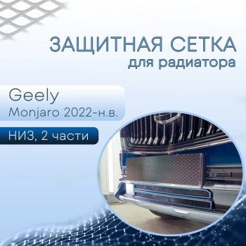 Защитная сетка в бампер (низ, 2 части, ячейка 3х7 мм) Alfeco Стандарт Geely Monjaro (2022-2024)