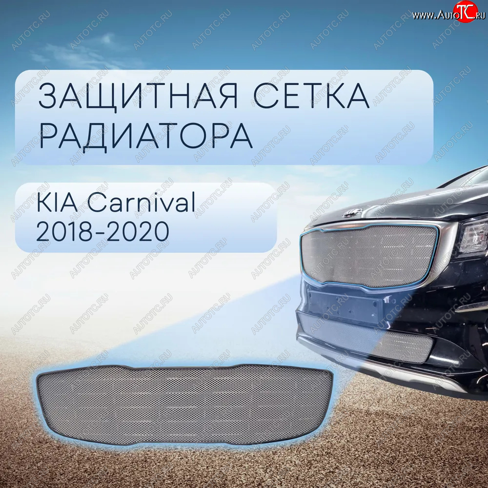 5 599 р. Защитная сетка в бампер (верх, ячейка 3х7 мм) Alfeco Стандарт  KIA Carnival  YP (2018-2020) минивэн рестайлинг (Хром)  с доставкой в г. Владивосток