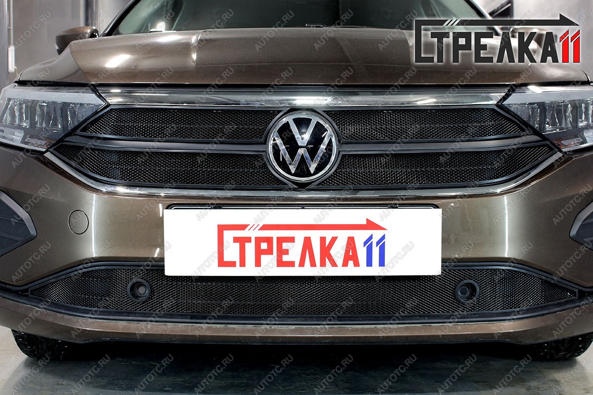 5 749 р. Защита радиатора (верх 4 части) (Origin, Respect, Status) Стрелка11 Стандарт Volkswagen Polo Mk6 лифтбек (2020-2022) (черная)  с доставкой в г. Владивосток