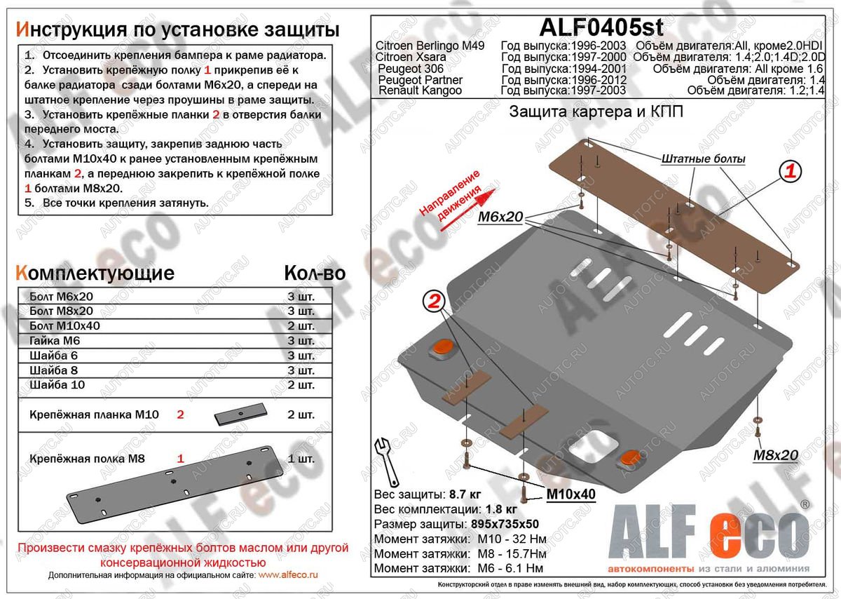 11 799 р. Защита топливного бака (V-1.4) ALFECO  Peugeot Partner Origin  минивэн (1996-2012) (алюминий)  с доставкой в г. Владивосток