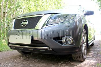 8 649 р. Защита радиатора (низ 2 части) Стрелка11 PREMIUM  Nissan Pathfinder  R52 (2012-2017) дорестайлинг (черная)  с доставкой в г. Владивосток. Увеличить фотографию 2