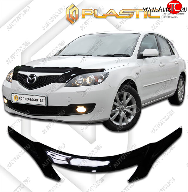 2 599 р. Дефлектор капота (exclusive) CA-Plastic  Mazda 3/Axela  BK (2003-2009) дорестайлинг, хэтчбэк, рестайлинг, хэтчбэк (Classic чёрный, Без надписи)  с доставкой в г. Владивосток