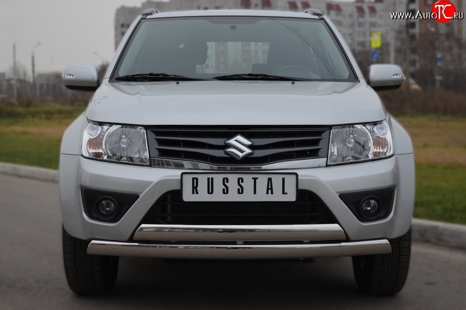 22 299 р. Защита переднего бампера (2 трубыØ75х42 мм, нержавейка) Russtal Suzuki Grand Vitara JT 3 двери 2-ой рестайлинг (2012-2016)  с доставкой в г. Владивосток