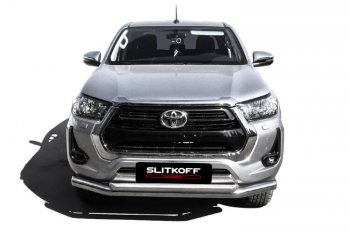 24 999 р. Защита переднего бампера Slitkoff (Ø 76+Ø 57, двойная).  Toyota Hilux  AN120 (2017-2020) 1-ый рестайлинг (Нержавеющая сталь)  с доставкой в г. Владивосток. Увеличить фотографию 2