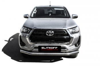 20 999 р. Защита переднего бампера Slitkoff (Ø 76 мм).  Toyota Hilux  AN120 (2017-2020) 1-ый рестайлинг (Нержавеющая сталь)  с доставкой в г. Владивосток. Увеличить фотографию 2