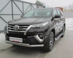 24 999 р. Защита переднего бампера Slitkoff (Ø 76+Ø 57 мм, двойная)  Toyota Fortuner  AN160 (2015-2020) дорестайлинг (Цвет: нержавеющая полированная сталь)  с доставкой в г. Владивосток. Увеличить фотографию 2