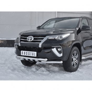 31 999 р. Защита переднего бампера (Ø63 мм с клыками, нержавейка) SLITKOFF Toyota Fortuner AN160 дорестайлинг (2015-2020)  с доставкой в г. Владивосток. Увеличить фотографию 4