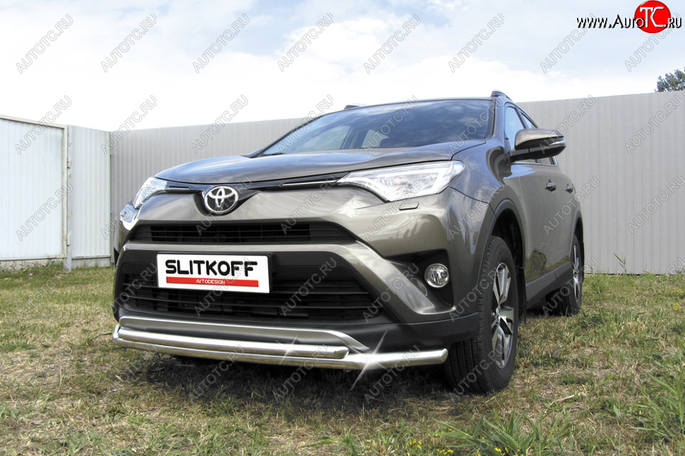 14 999 р. Защита переднего бампера Slitkoff (Ø57 и 42 мм)  Toyota RAV4  XA40 (2015-2019) 5 дв. рестайлинг (Нержавейка полированная)  с доставкой в г. Владивосток