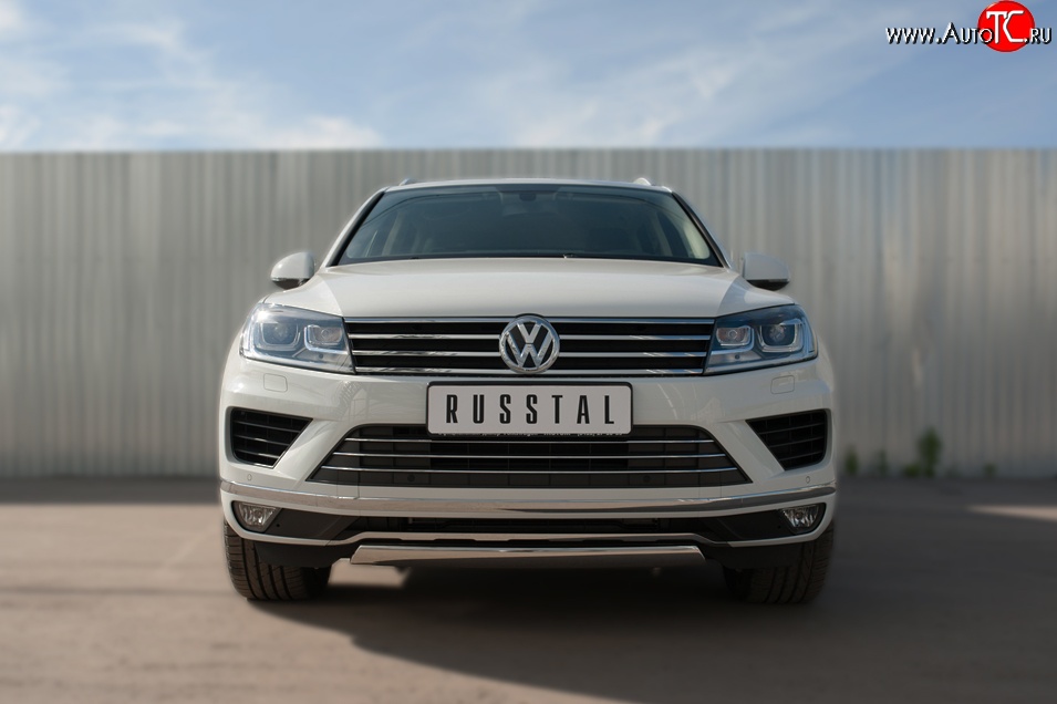 15 649 р. Защита переднего бампера (Ø75х42 мм, нержавейка) Russtal Volkswagen Touareg NF рестайлинг (2014-2018)  с доставкой в г. Владивосток